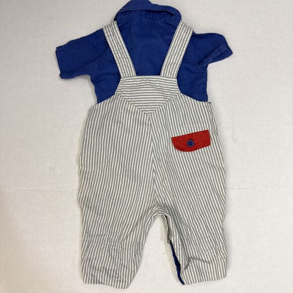 Vintage Happy Kids Gray Stipe Bib Overalls & Button Blue Shirt Size 3-6 Months - Picture 3 of 13